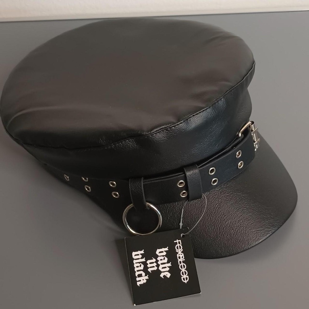 Rare NWT Foxblood Jordan Moto Black Vegan Leather Silver Ring Detail Hat - Picture 2 of 6